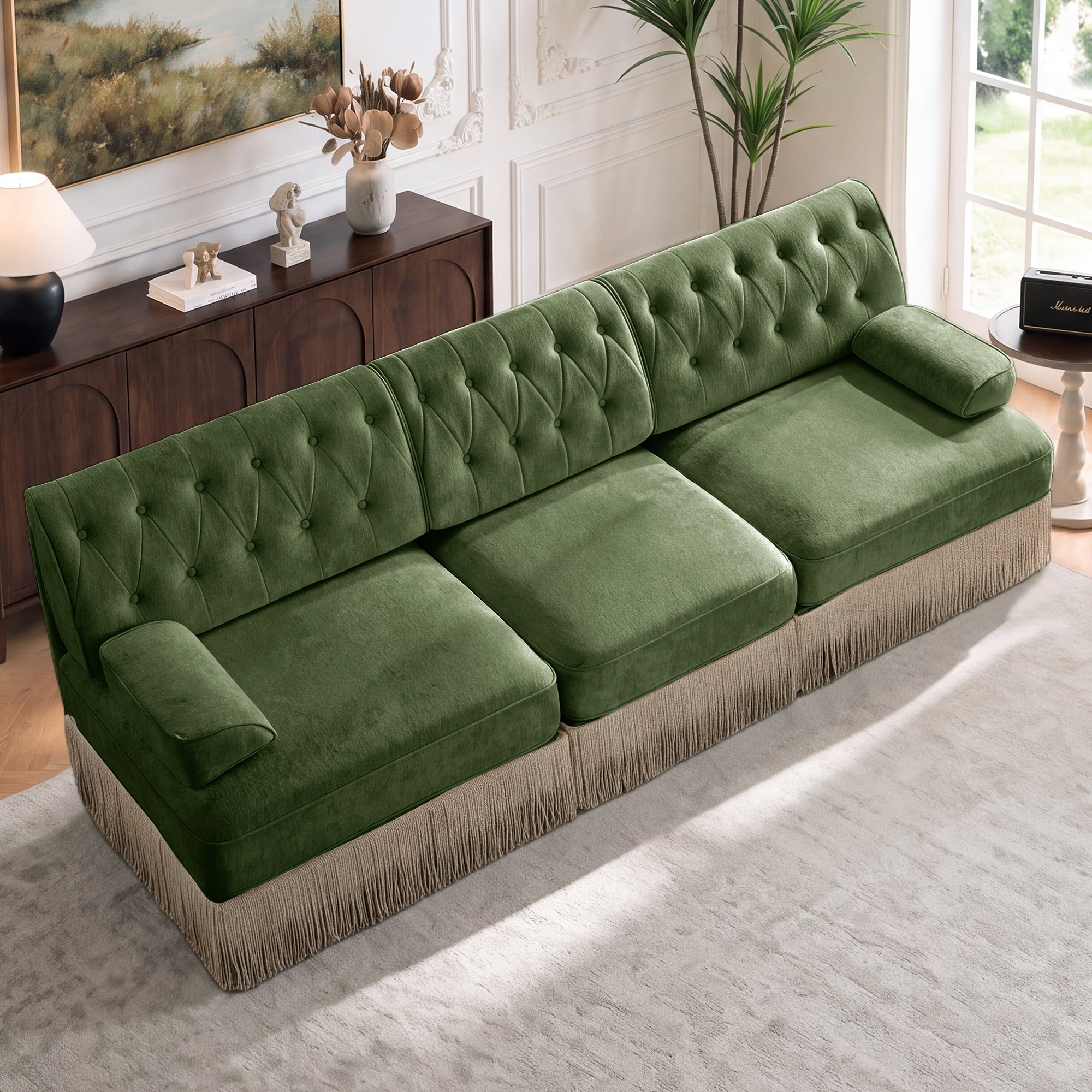 106" Velvet Fabric 3-Seater Sofa with Tassel Fringe Skirt and Button Tufted Design, Easy to Assemble