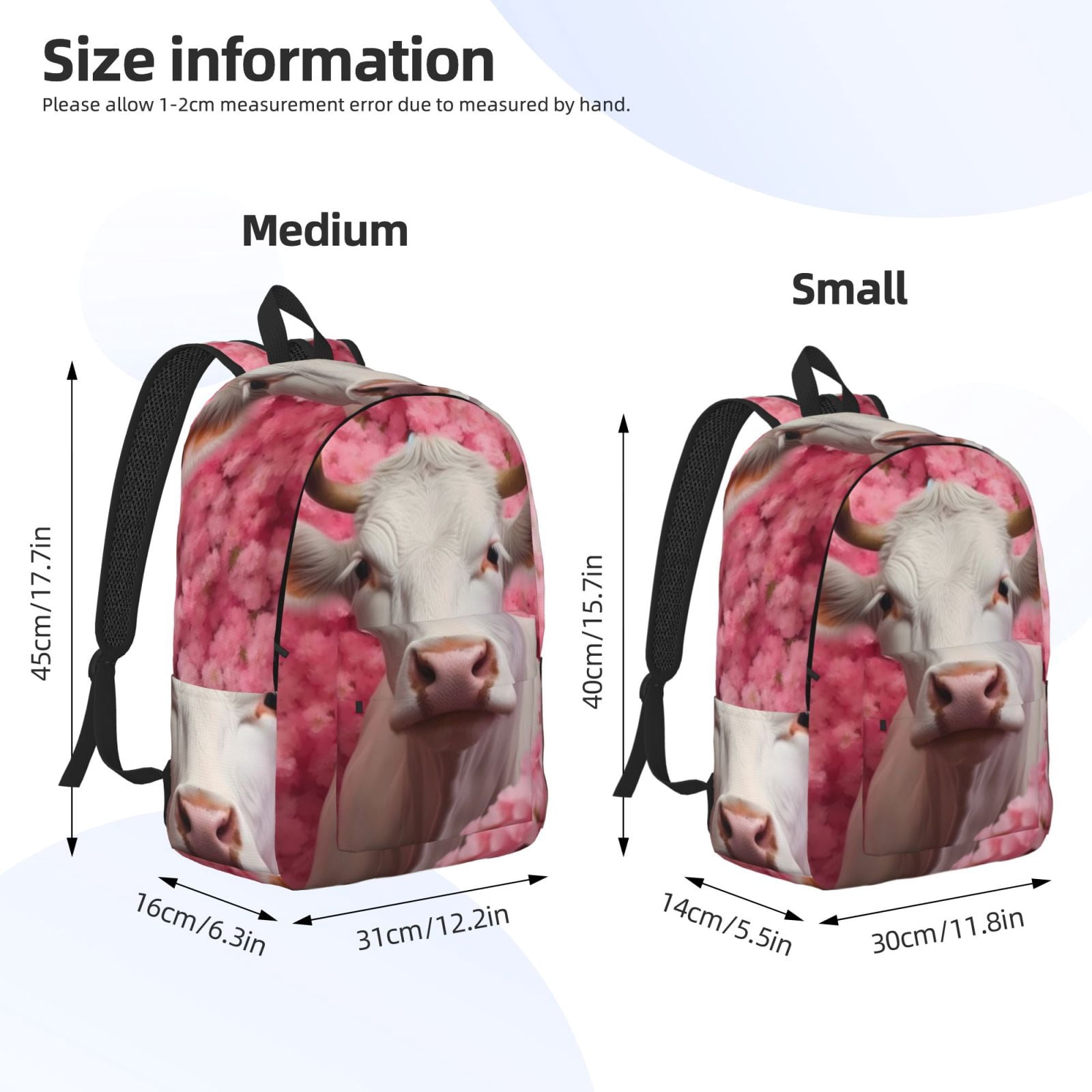 Vsdgher Flower White Cow Print Canvas Backpack Travel Rucksack Unisex Knapsack 15.7/17.7Inch Laptop Backpack for Work,College -Medium