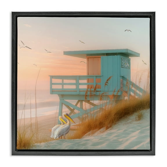 Stupell Industries Coastal Charm Beach Hut Coastal Painting Black Floater Framed Canvas Art Print Wall Art, 18 x 18