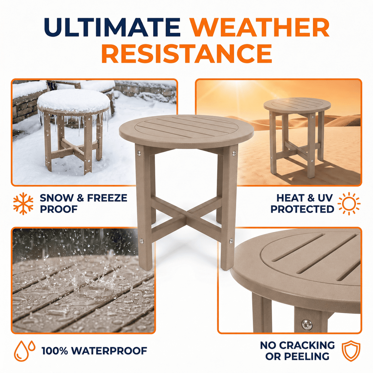 HDPE All-Weather Outdoor Side Table, 15.94×15.94×17.71 Inch Compact Patio End Table, Lightweight Weatherproof Small Side Table for Balcony Porch Poolside