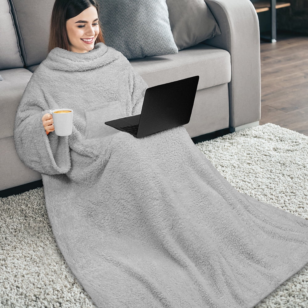 PAVILIA Fluffy Blanket with Sleeves Women Men Adults, Wearable Blanket Plush Soft Fuzzy, Hug Sleep Pod Snuggle Pocket Sleeved TV Throw, Sherpa Fleece Warm Cozy Shaggy Gifts Ideas Mom Wife, Light Gray