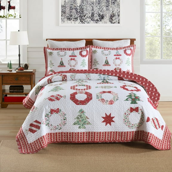 MarCielo 3 Pcs Christmas Quilt Bedspread Set Candy Red Queen