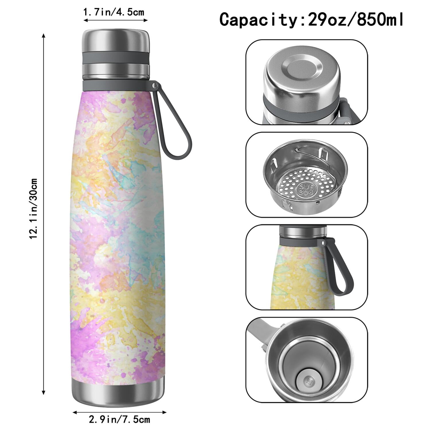29oz Insulated Water Bottle with Tea Infuser, Stainless Steel Travel Mug, Fluid Smoke Aurora Art Style