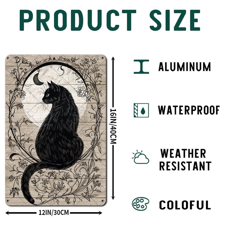 Noete 12x16 Inch Gothic Black Cat & Moon Metal Tin Sign, Vintage