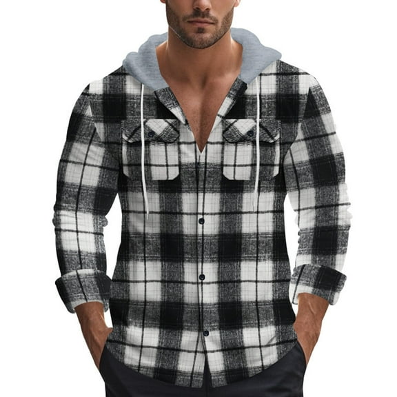 Rggeeun Men's Shirts Male Fall Winter Flannel Jacquard Trend Casual Plaid Long Sleeve Hooded Shirt Comfort Tops