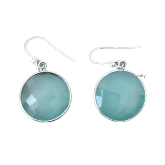 Real 925 Sterling Silver Dangle Drop Earrings For Women, Natural Aqua Chalcedony Checker Round Gemstone Amazing Handcrafted Jewelry For Her