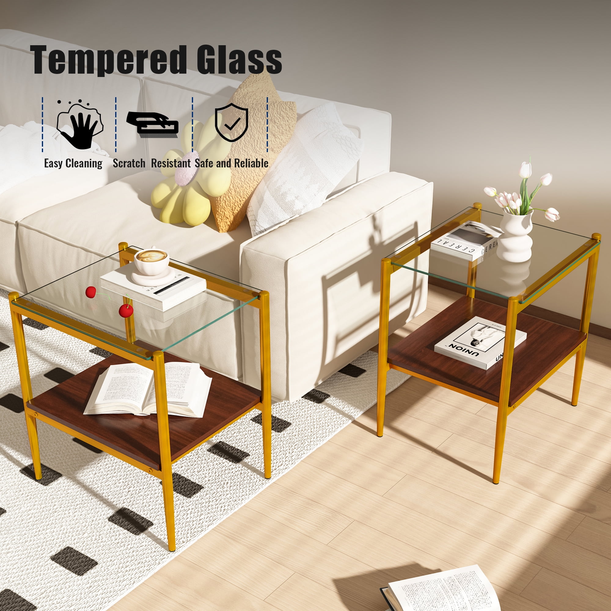 MAYEERTY Set of 2 Rectangle End Tables with Transparent Tempered Glass & MDF Layer