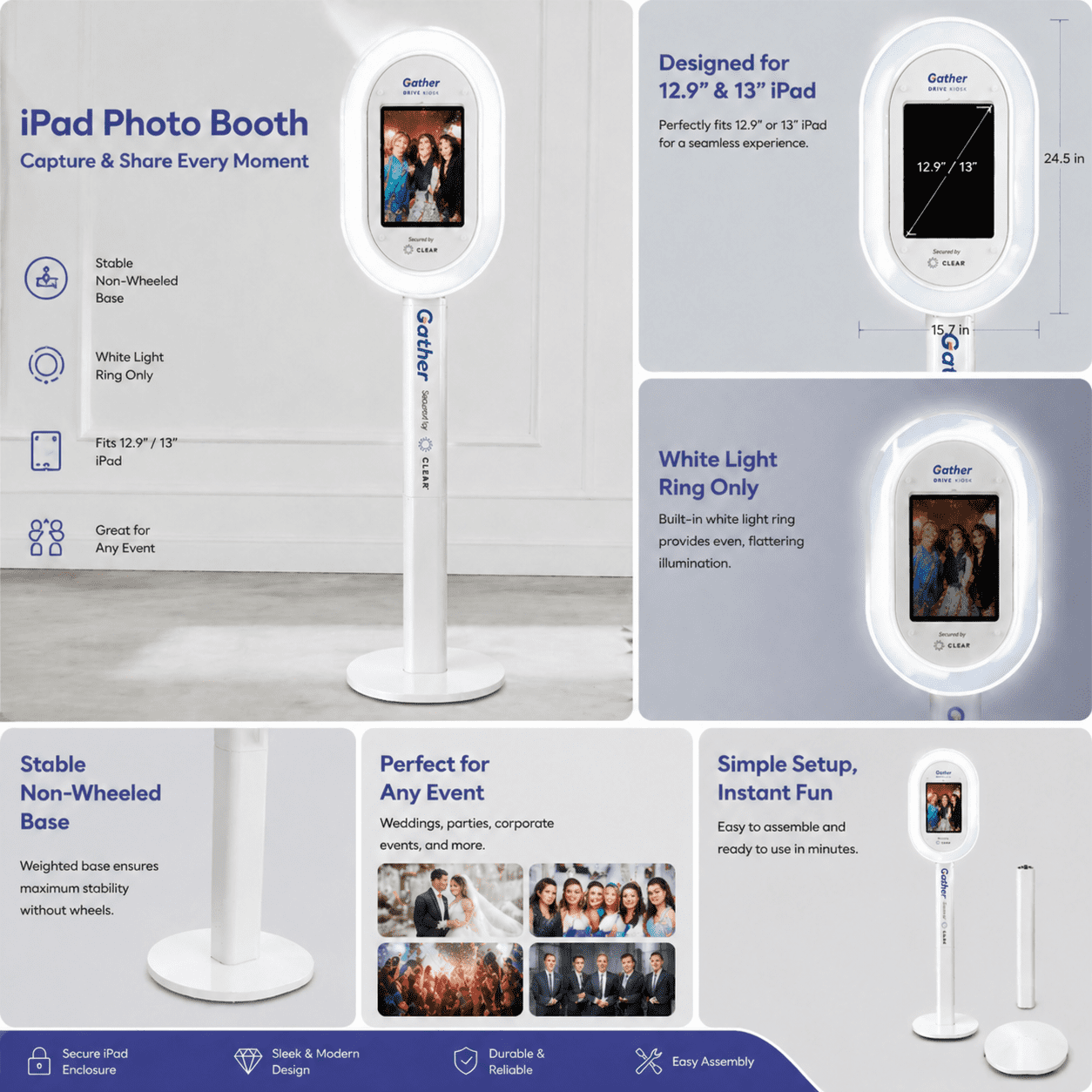iPad Photo Booth Stand with White Ring Light, Selfie Station Kiosk for 12.9" and 13" iPads, Stable No-Wheel Floor Stand for Weddings, Parties, Events, Tablet Not Included