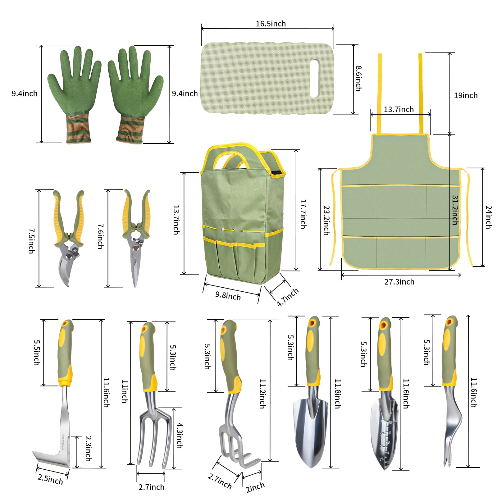 Set of 12 Garden Tool, ZUEXT Heavy-Duty Aluminum Gardening Hand Tools with Rubber Non-Slip Handle, Garden Apron, Gloves, Kneeling Pad and Storage Bag, Garden Hand Tools Starter Kit Landscaping Tools
