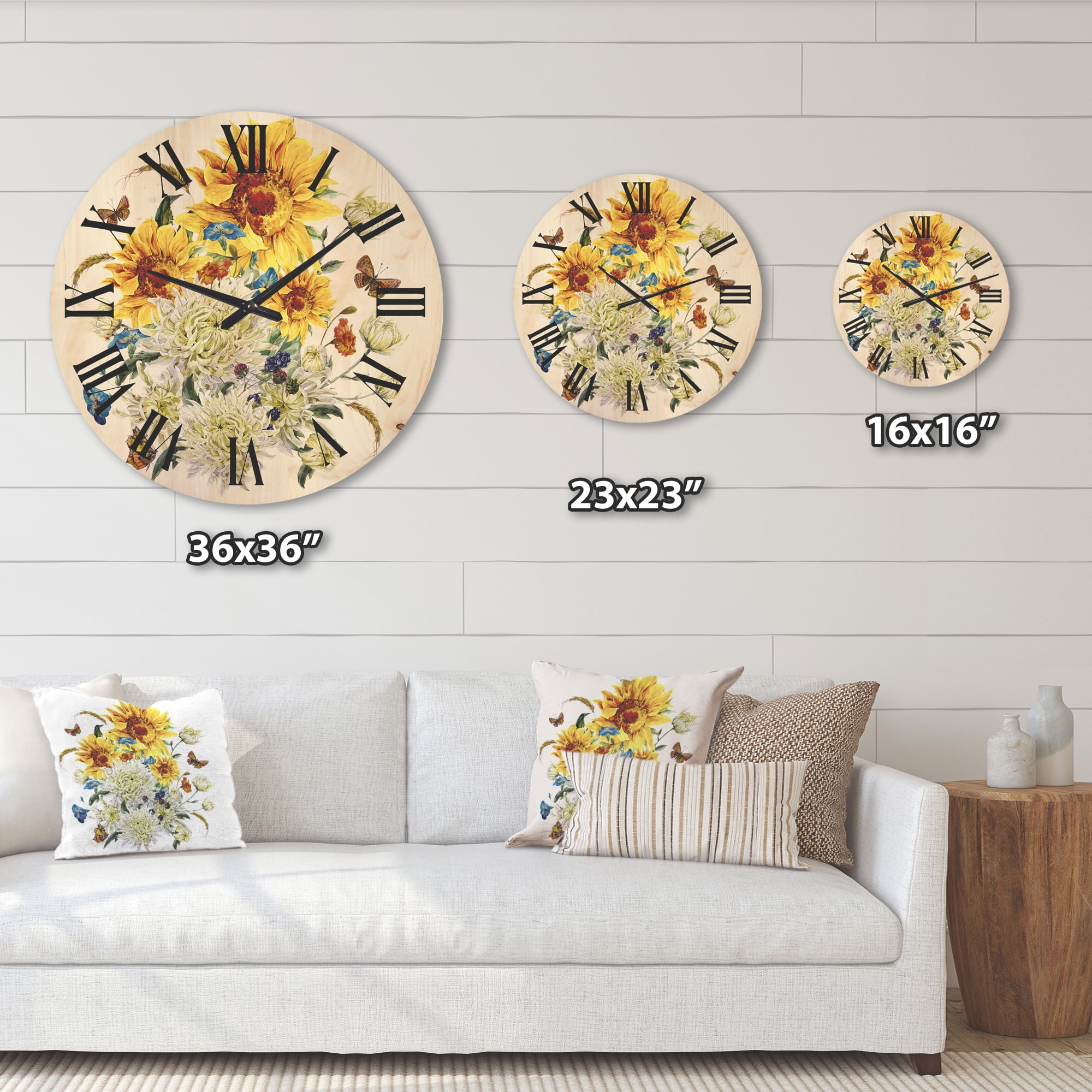 Designart 'Ancient Chrysanthemums and Sunflowers' Traditional Wood Wall Clock