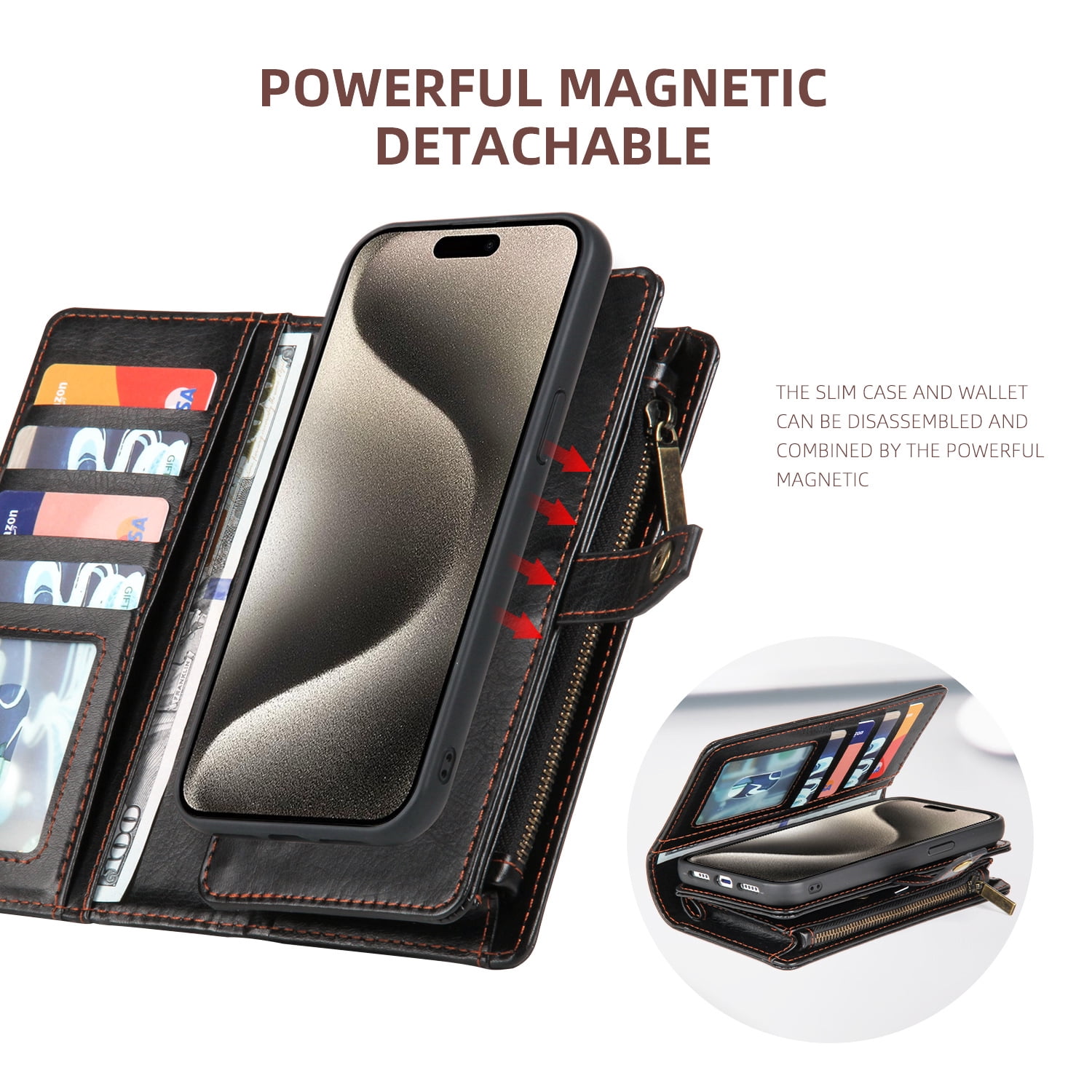 2 In 1 Wallet Phone Case for Apple iPhone 13 Pro Max, Detachable Magnetic Back Cover with Cards Holder Zipper Pocket Hand Wrist RFID Blocking Snap Closure Shockproof Case for iPhone 13 Pro Max, Black