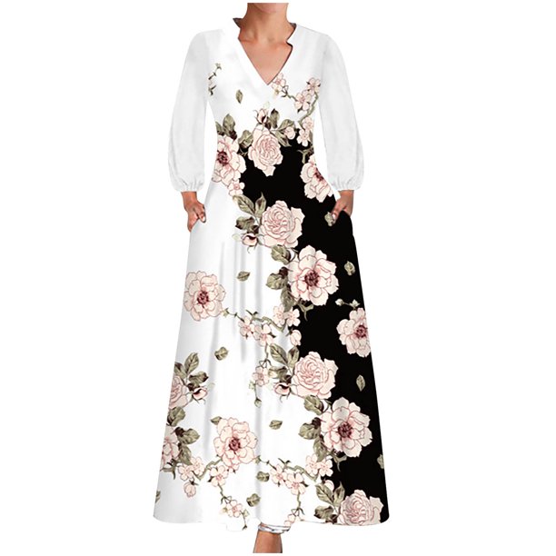 Moda mujer otoño estampado casual cuello pico cremallera manga larga vacaciones bolsillos vestido Fridja yut5924