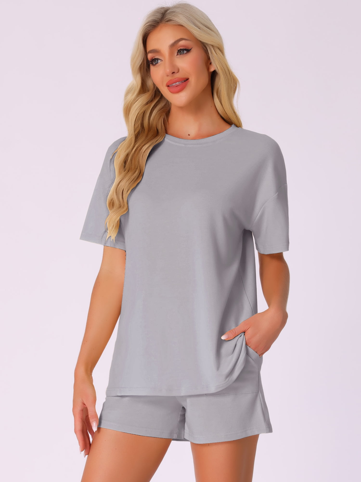 DARING DIVA Pajama Short Sleeve Lounge Set Elastic Shorts Sleepwear XS Light Gray