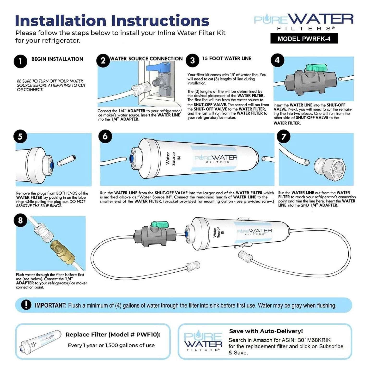 Inline Water Filter Kit for Refrigerator - NSF Certified - 1/4" Quick Connect - Ice Maker Filter Replacement - Chlorine & Odor Reduction - 15ft Water Line