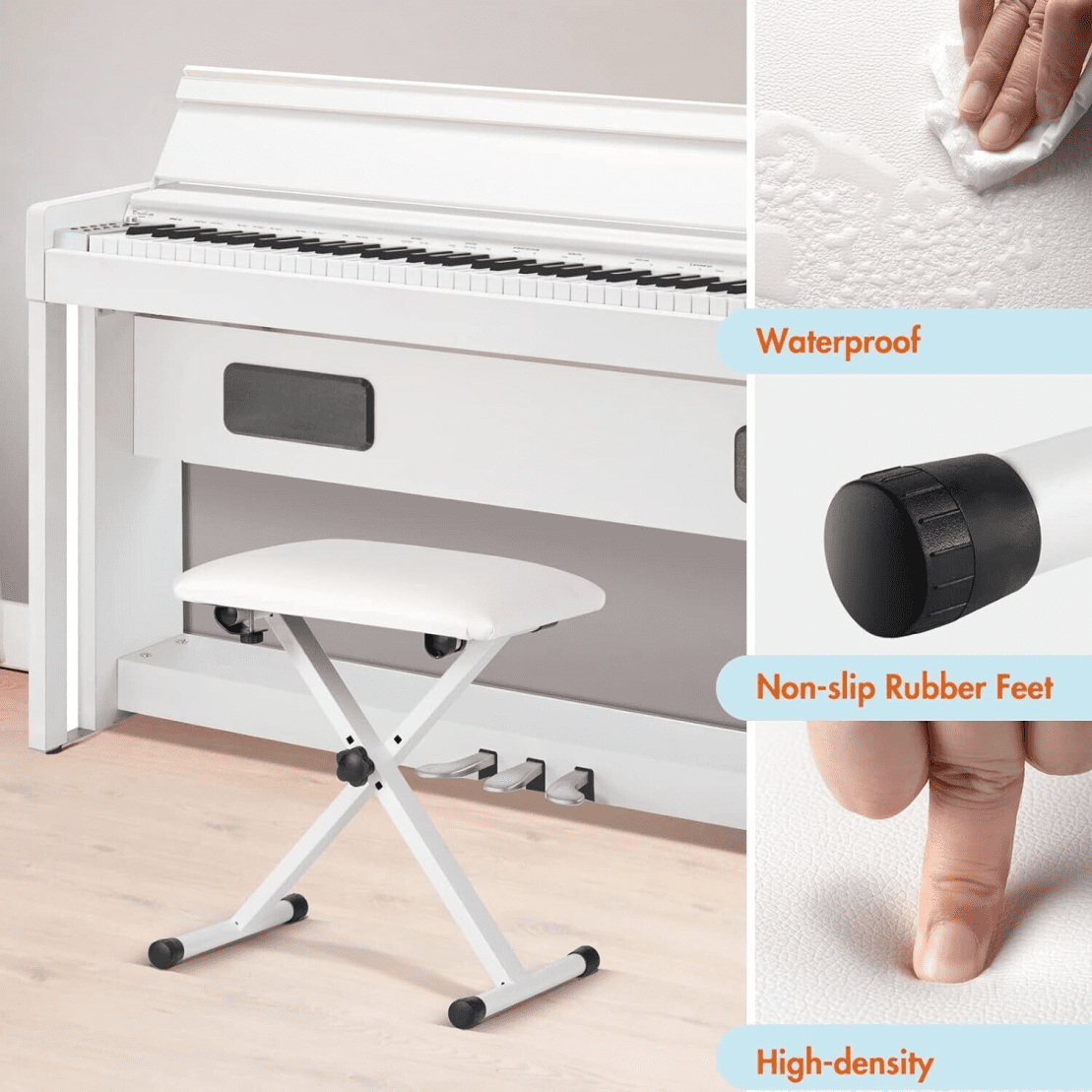 Adjustable Piano Bench, X Frame Folding Keyboard Chair Stool with 3 Height Settings (16-20 Inch),Suitable for Electronic Keyboard and Digital Piano,White