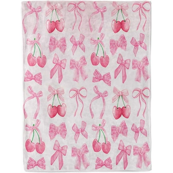 Pink Cherry Bow Blanket Back to School Decorations Soft Dorm Room Essentials Gifts for Students Women men Lightweight Coquette Bow Cherry Aesthetic Blanket for Nursery Room 30"x40"