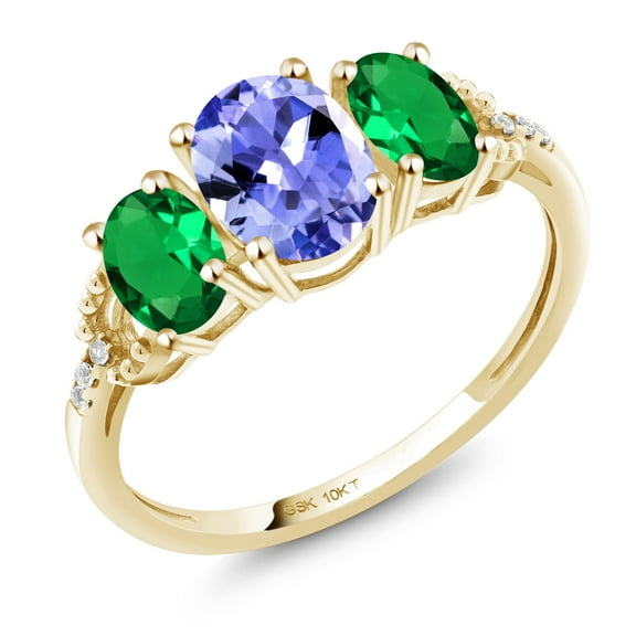 Gem Stone King 10K Yellow Gold Blue Tanzanite Green Simulated Emerald and Diamond 3-Stone Engagement Ring for Women (1.57 Cttw, Gemstone Birthstone, Size 6)