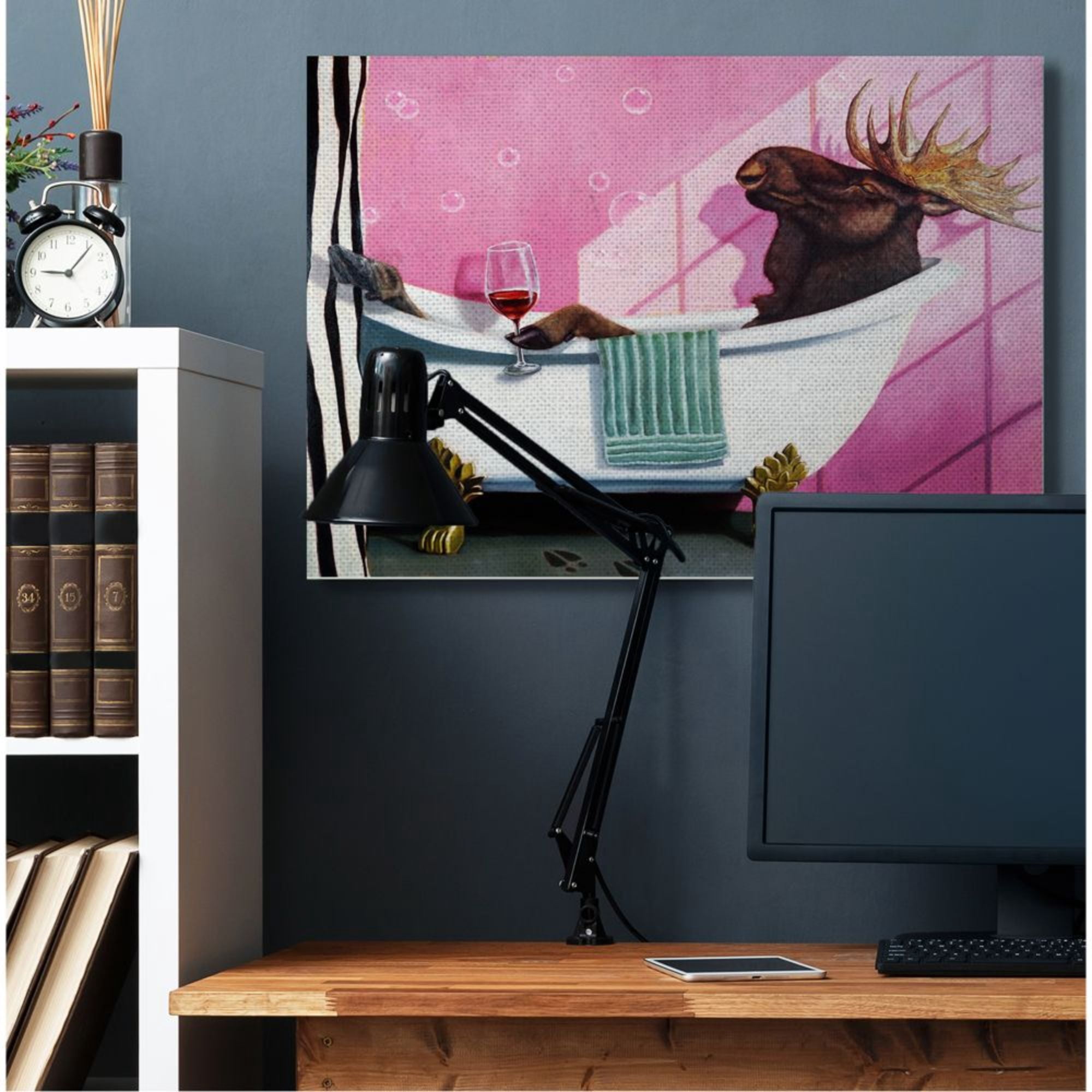 Stupell Industries Moose with Wine Bathroom Claw Tub Relaxation Design by Lucia Heffernan, 36" x 48"