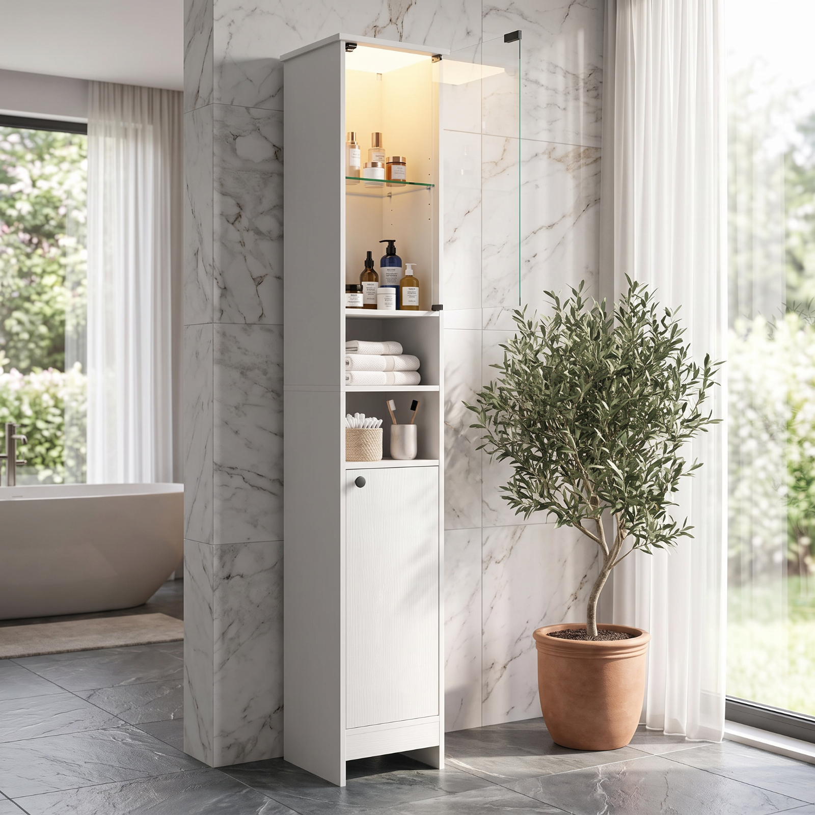 Vebreda Tall Bathroom Storage Cabinet with LED Lights, Freestanding Narrow Floor Cabinet with Remote Control, Adjustable Shelves and Push-to-Open Tempered Glass Door, White