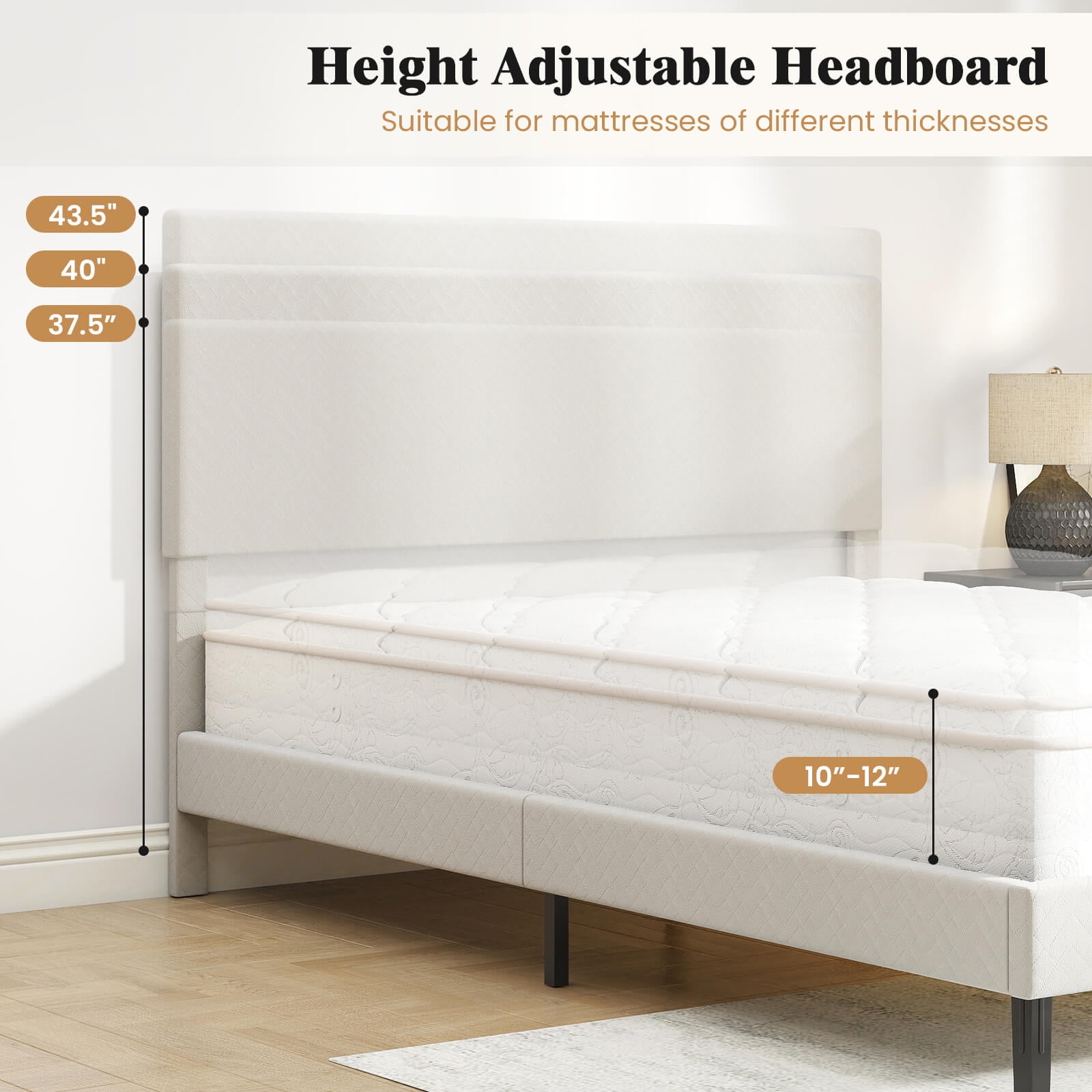 Costway Queen Size Velvet Bed Frame with Height Adjustable Chevron Headboard,Noise Free Beige