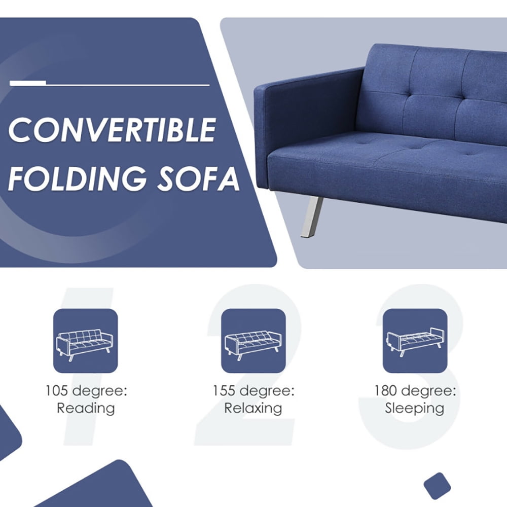 Finihen Convertible Futon Sofa Bed, Modern Convertible Sleeper Couch, 3 Seat Convertible Linen Fabric Futon Sofa with USB and Power Strip, for Living Room, Blue Finihen Convertible Futon Sofa Bed, Modern Convertible Sleeper Couch, 3 Seat Convertible Linen Fabric Futon Sofa with USB and Power Strip, for Living Room, Blue