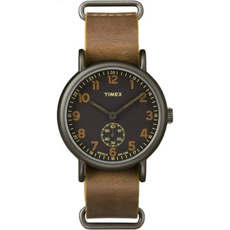 Timex Men's Weekender 40 Mini-Sweep Titanium-Tone Watch, Tan Leather Slip-Thru Strap