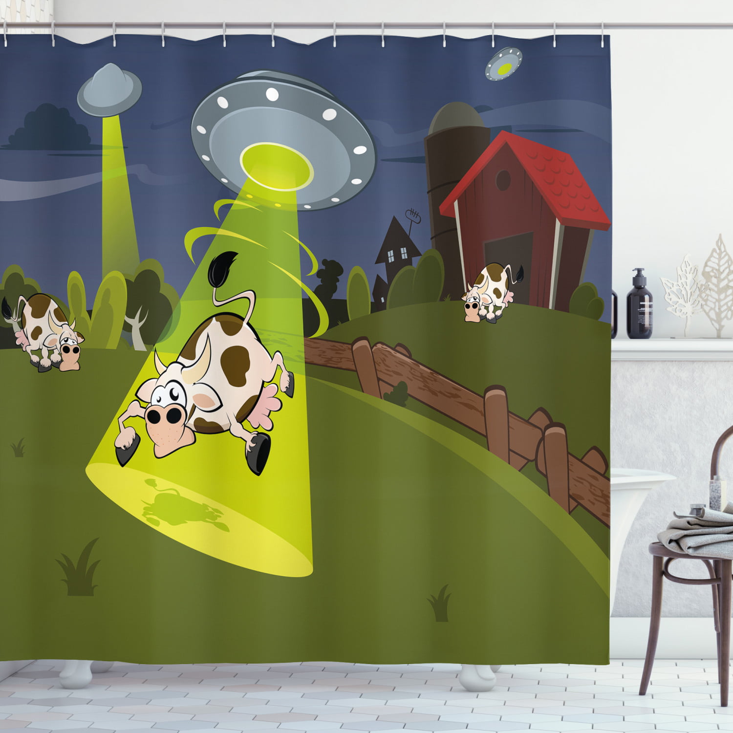 Cartoon Shower Curtain, Farm Warehouse Grass Fences Cow Alien Abduction  Funny Comics Image Artwork Print, Fabric Bathroom Set with Hooks, 69W X 70L  Inches, Multicolor, by Ambesonne 