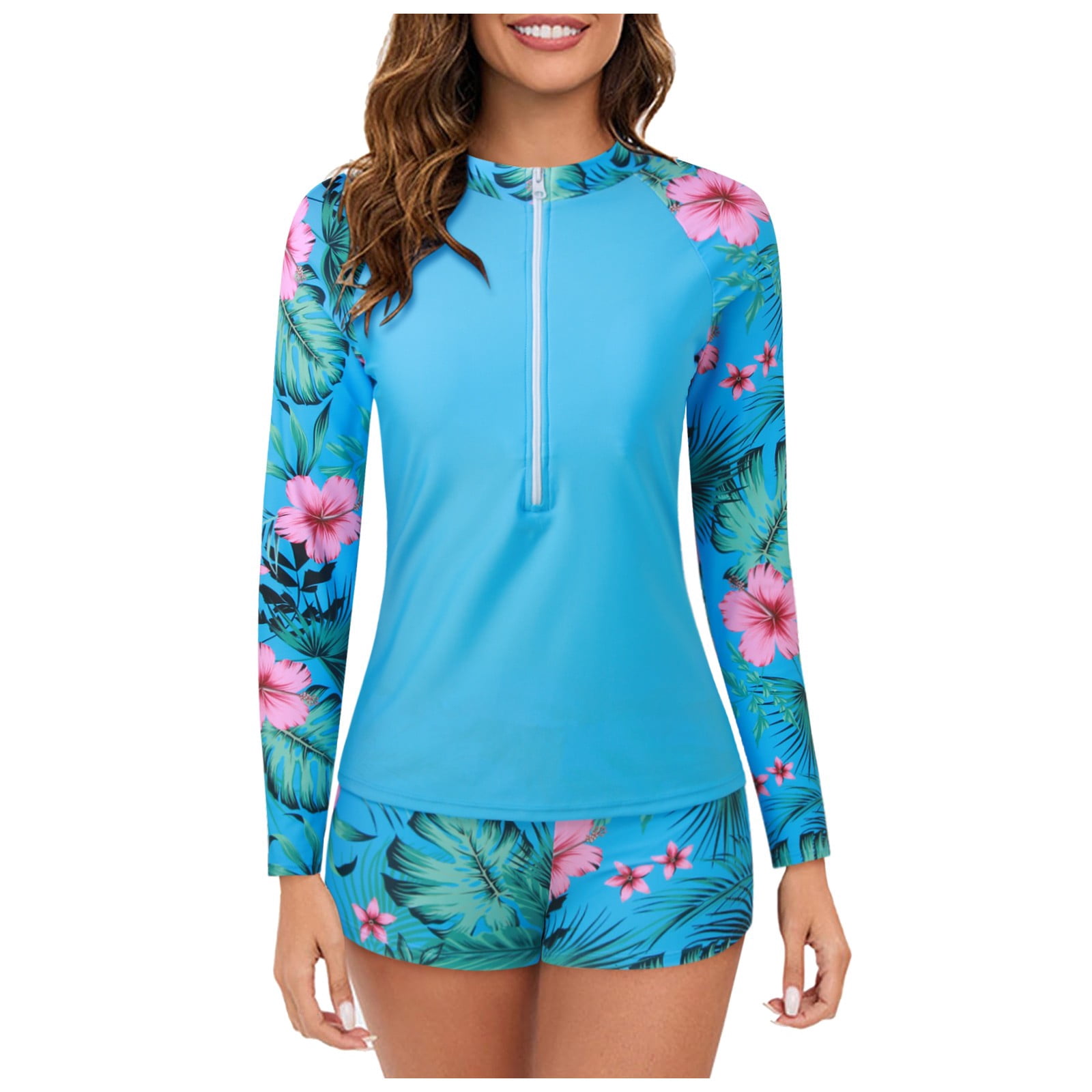 CHENge Women's Print Half-Zip Rash Guard, Long Sleeve Two-Piece