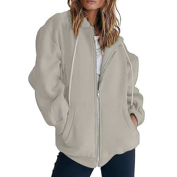 LEKDFST Womens Zip Up Hoodies Trendy Oversized Sweatshirts for Teen Girls Y2K Cute Solid Pullover with Drawstring Casual Fall Jacket Khaki XL