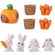 thumbnail image 1 of KAKOWELY 9 figuras de conejo en miniatura, cesta de paja en miniatura, figura de zanahoria, decoración para fiesta de Pascua, 1 of 5