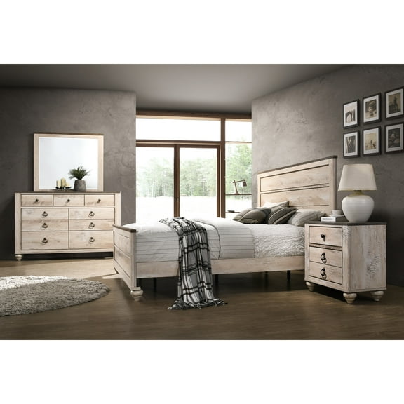 Contemporary Bedroom - 4 Piece. King Bed. White Wash. Rustic Chic. Dresser, Mirror, Nightstand. Paneled Headboard With Antique Walnut Details. Metal Handles. Space 4 Bed Appeal, Nightstand Wash Style
