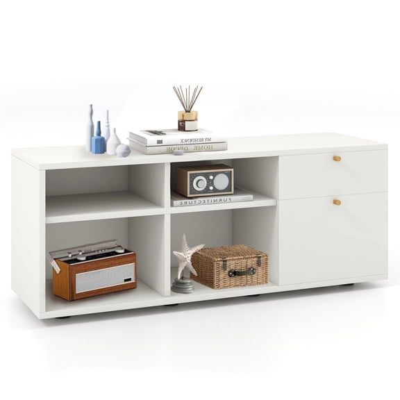 Amijoy Storage Cabinet, TV Console Cabinet with 2 Drawers, 4 Compartments & Adjustable Feet, Modern Floor Display Cabinet for Living Room