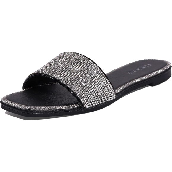 SHIQI-Women's Glitter Shiny Slide Sandals Sparkle Fancy Flat Slippers Slip-on Jeweled Shoes