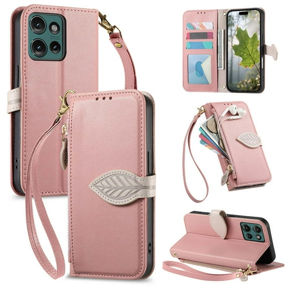 For Motorola Edge (2024) Flip Wallet Phone Case,With Shoulder Strap&Wrist Strap,Flip Fold Kickstand,With Card Slots,Zipper Pocket,Leaf Magnetic Closure,Shockproof Anti-fall Phone Case,Rosegold