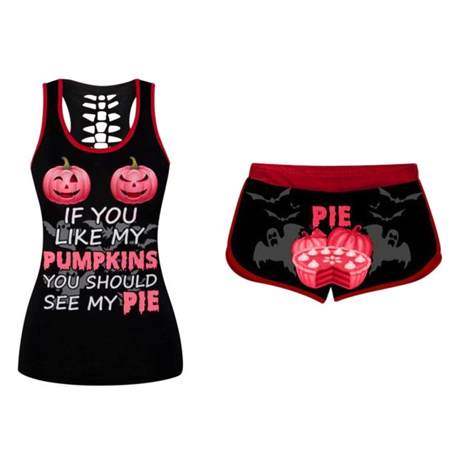 Ensemble de Hauts Sans Manches à Imprimé pour Femmes, Ensemble de Shorts à Cordon pour l'Halloween EAN13