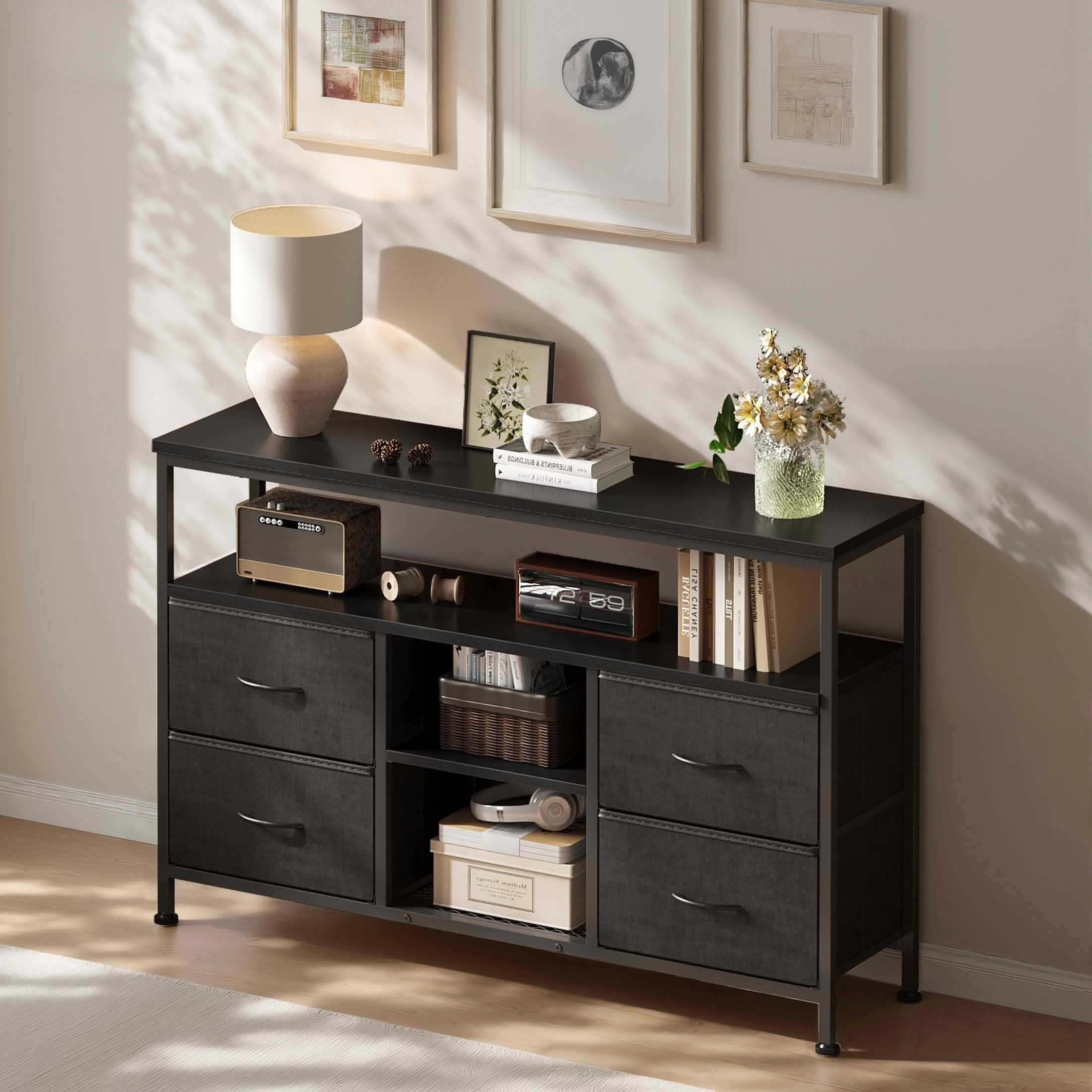 MAYEERTY 50-Inch TV Stand with 4 Drawers LED Lights & Power Sockets, Open Shelves Adjustable Feet