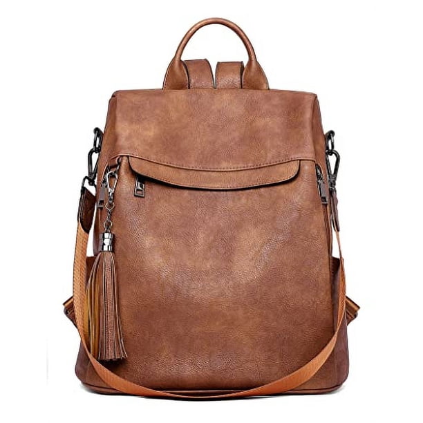Mochila Bolso Telena Antirrobo Cuero PU Hombro y Borlas Marrón