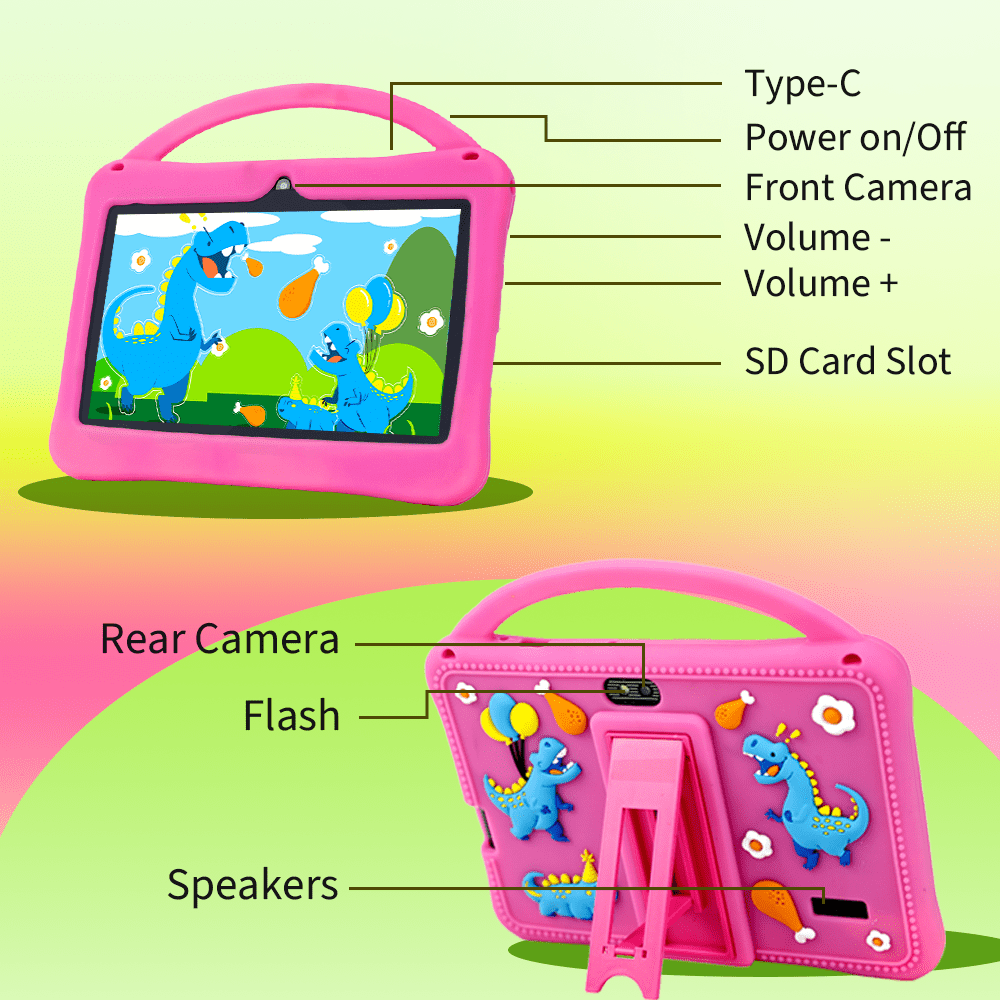 Veidoo 7 inch Android Tablets for Kids, 2GB RAM, 32GB ROM, iWawa Apps & Parent Controls, Safety Eye Protection Screen, Educational Games, WiFi, Dual Camera, Silicone Case (Pink)