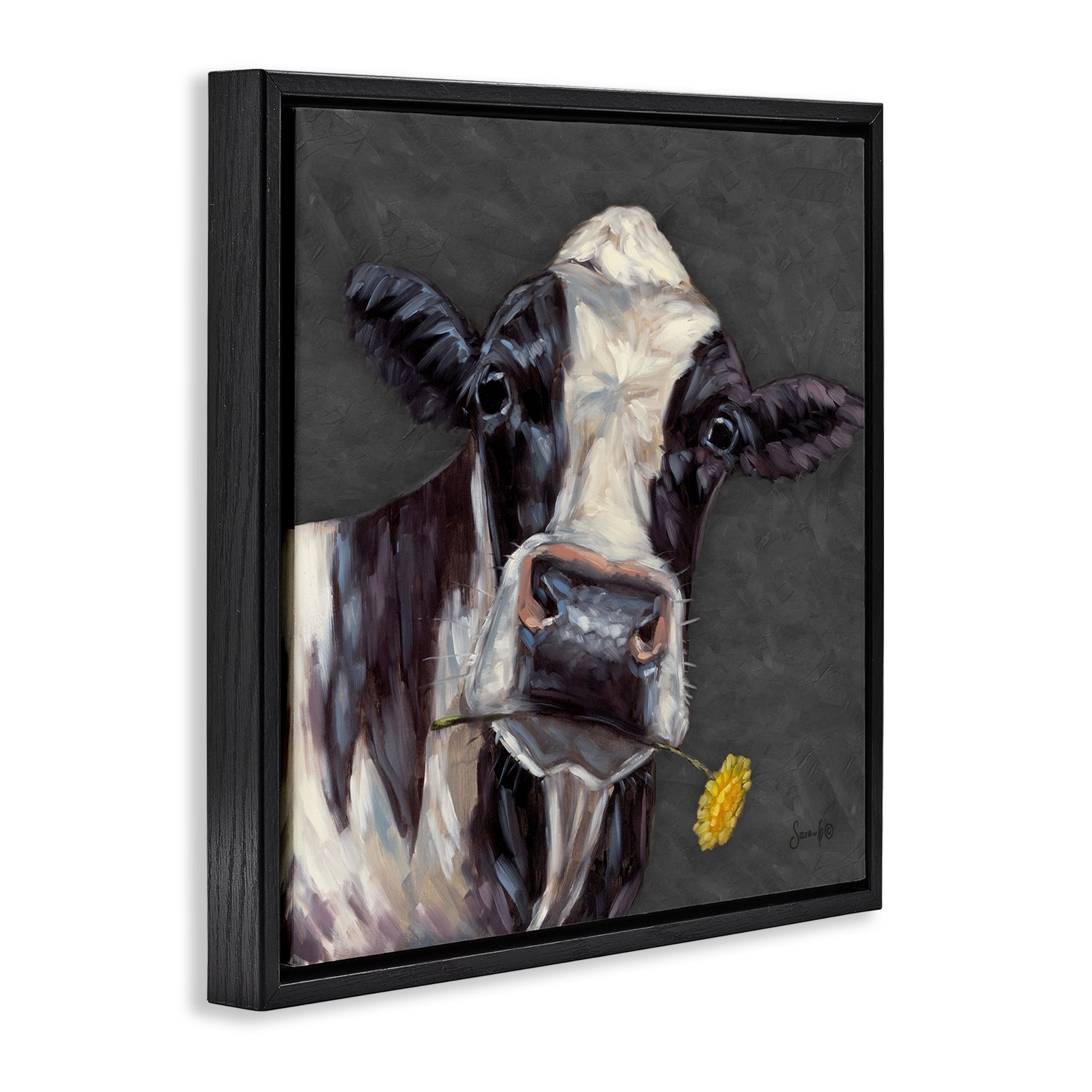 Stupell Industries Cow with Yellow Daisy Animals Painting Black Floater Framed Canvas Art Print Wall Art, 18 x 18
