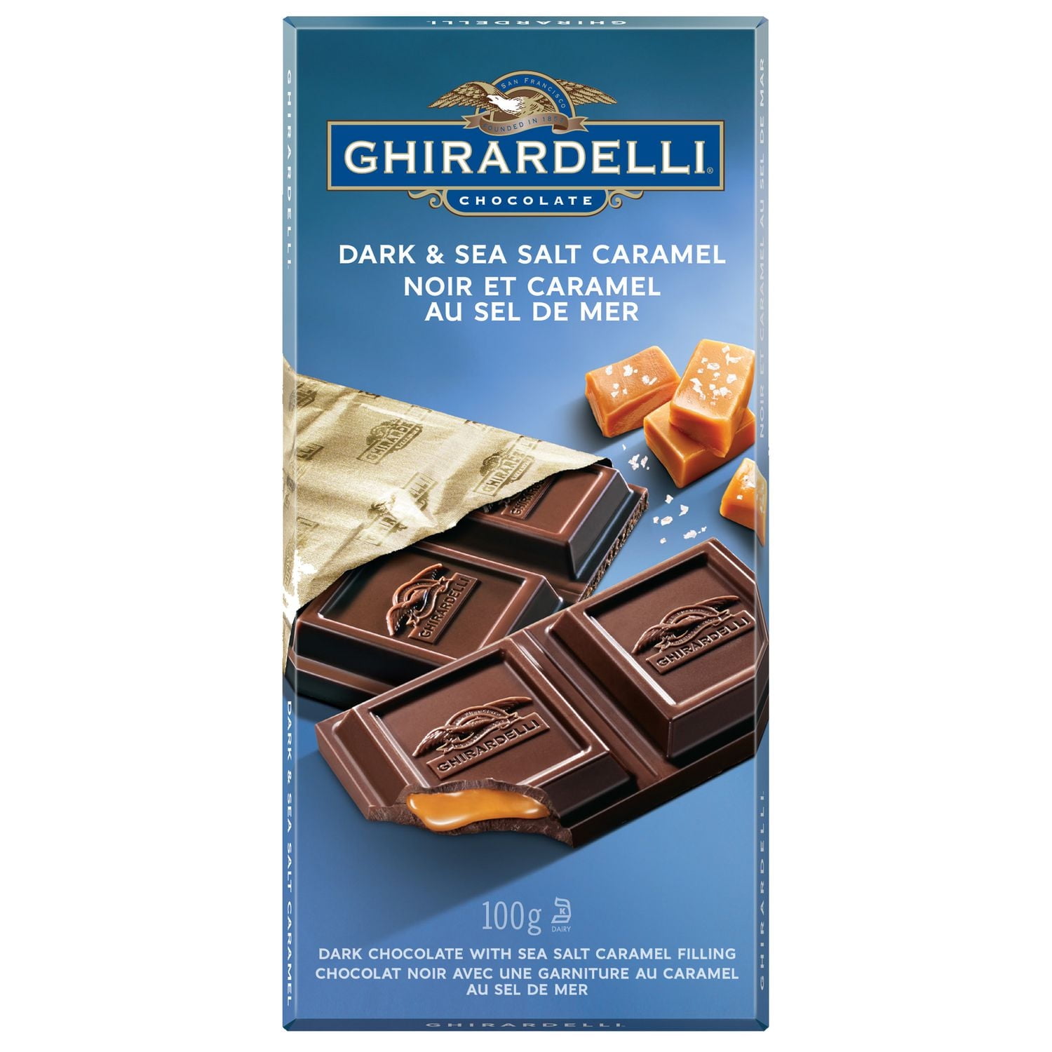 Chocolat noir au caramel et sel de mer de GHIRARDELLI – Barre (100 g)
