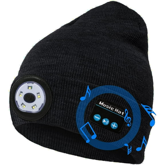 Bluetooth Beanie Hat with Light, USB Rechargeable Music Winter Hat Wireless Beanie with Headlamp Built-in Microphone and Stereo Speaker Flashlight Hat for Running Cycling Skiing Hiking Camping