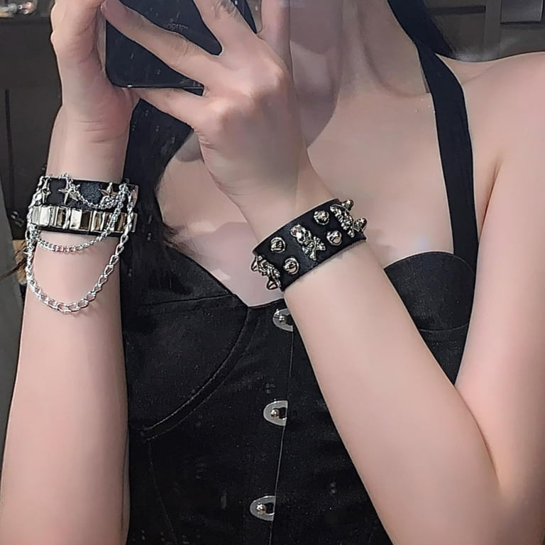 Leather Bracelet Combo Metal Star & Spike Inlay Grunge Leather Bracelet Combo Metal Star & Spike Inlay Grunge