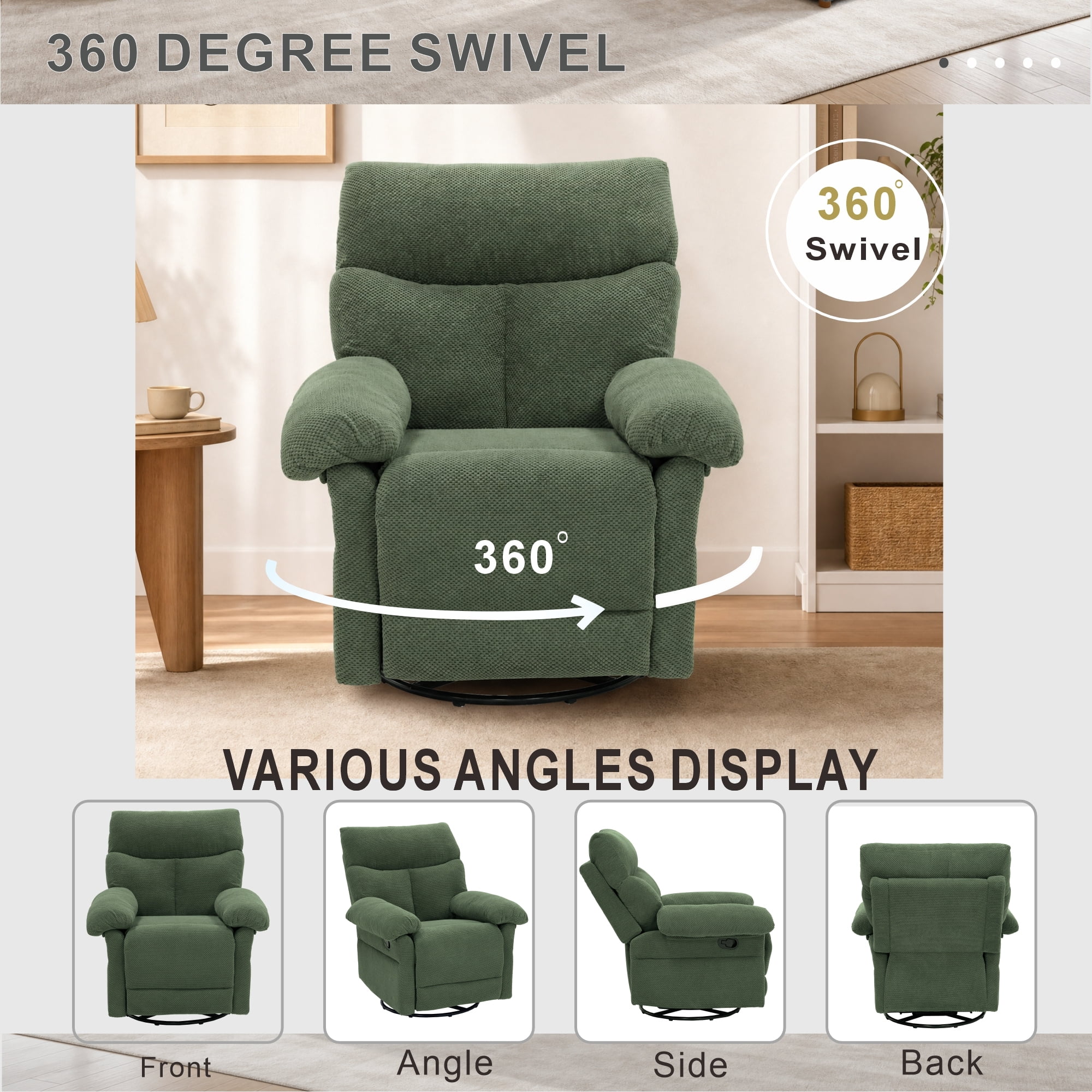 Leumius Swivel Rocker Recliner for Adults,360° Upholstered Glider Recliner Rocking Chair for Nursery,Manual Recliner Chair for Living Room, Bedroom,Dark Green