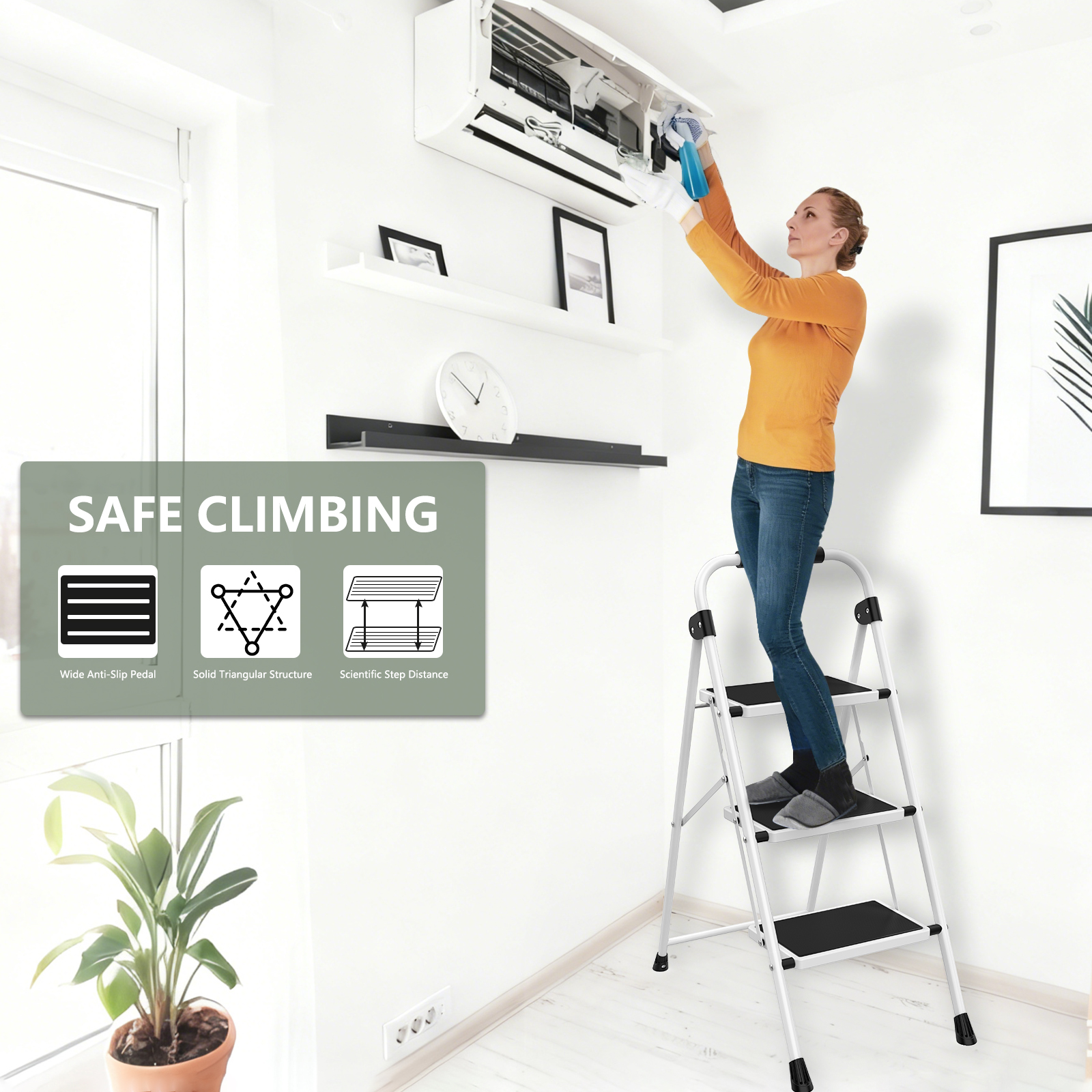 Step Stool with Anti-Slip Pedals and Comfortable Handrails, 330 lb Load Capacity