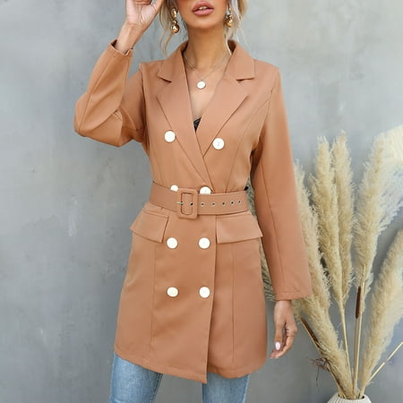 EINCcm Blazer Jackets for Women, Fall Clothes for Women 2022, Women's  Spring and Autumn Lapel Solid Color Long Sleeve Buttoned Long Belted Blazer  Coat