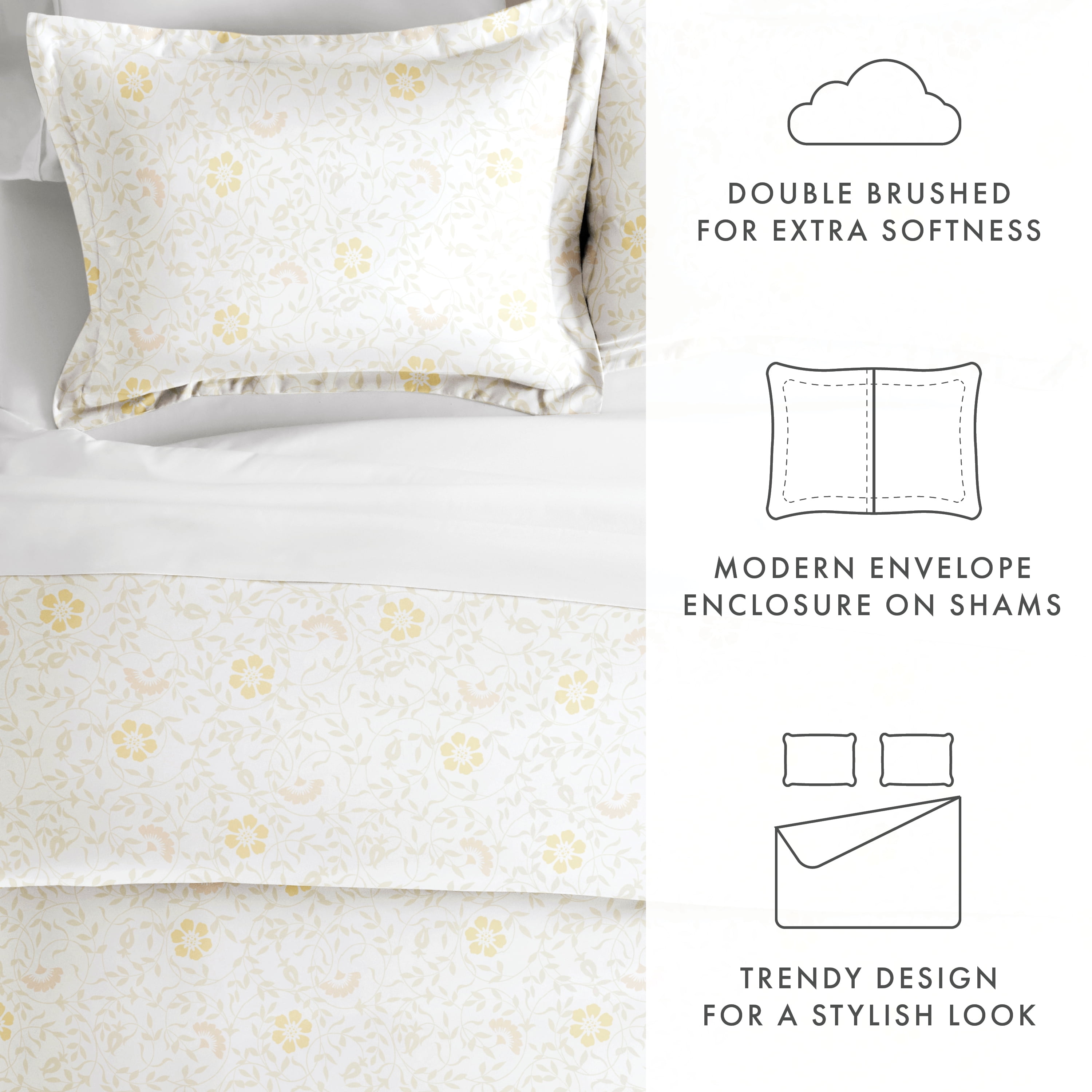 Noble Linens White Spring Vines Print Duvet Set 3-Piece Duvet Cover Set, King/Cal King