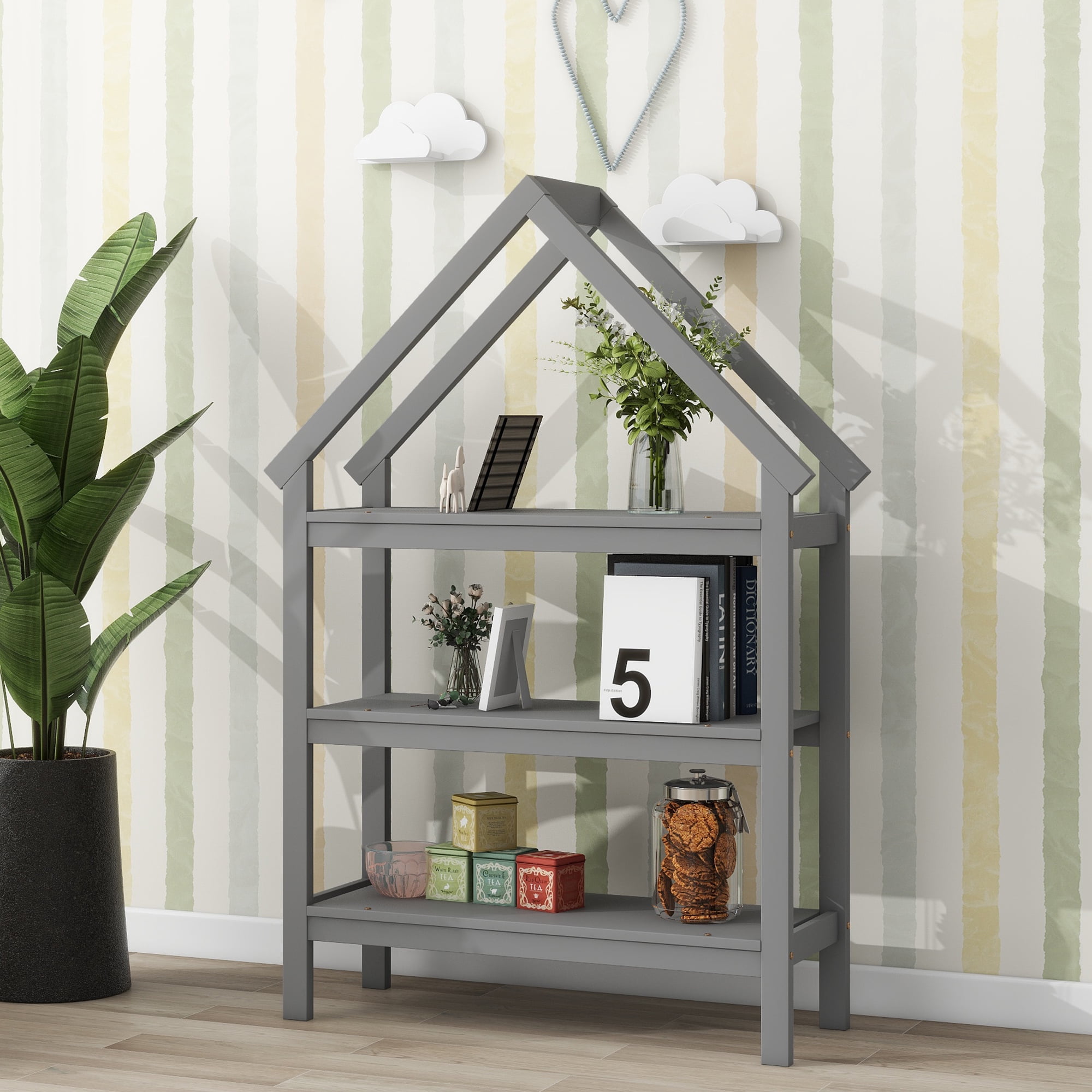Euroco Wood Twin House-Shaped Floor Bed with Moveable Shelf and Wardrobe for Kids, Gray