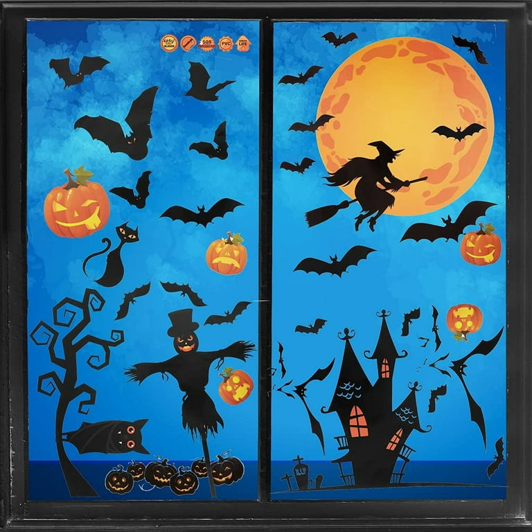 Cute Cartoon Halloween Window Stickers Witch Bat Pumpkin Skull  Electrostatic Glass Wall Door Decals Kids Room Party Decoration - AliExpress