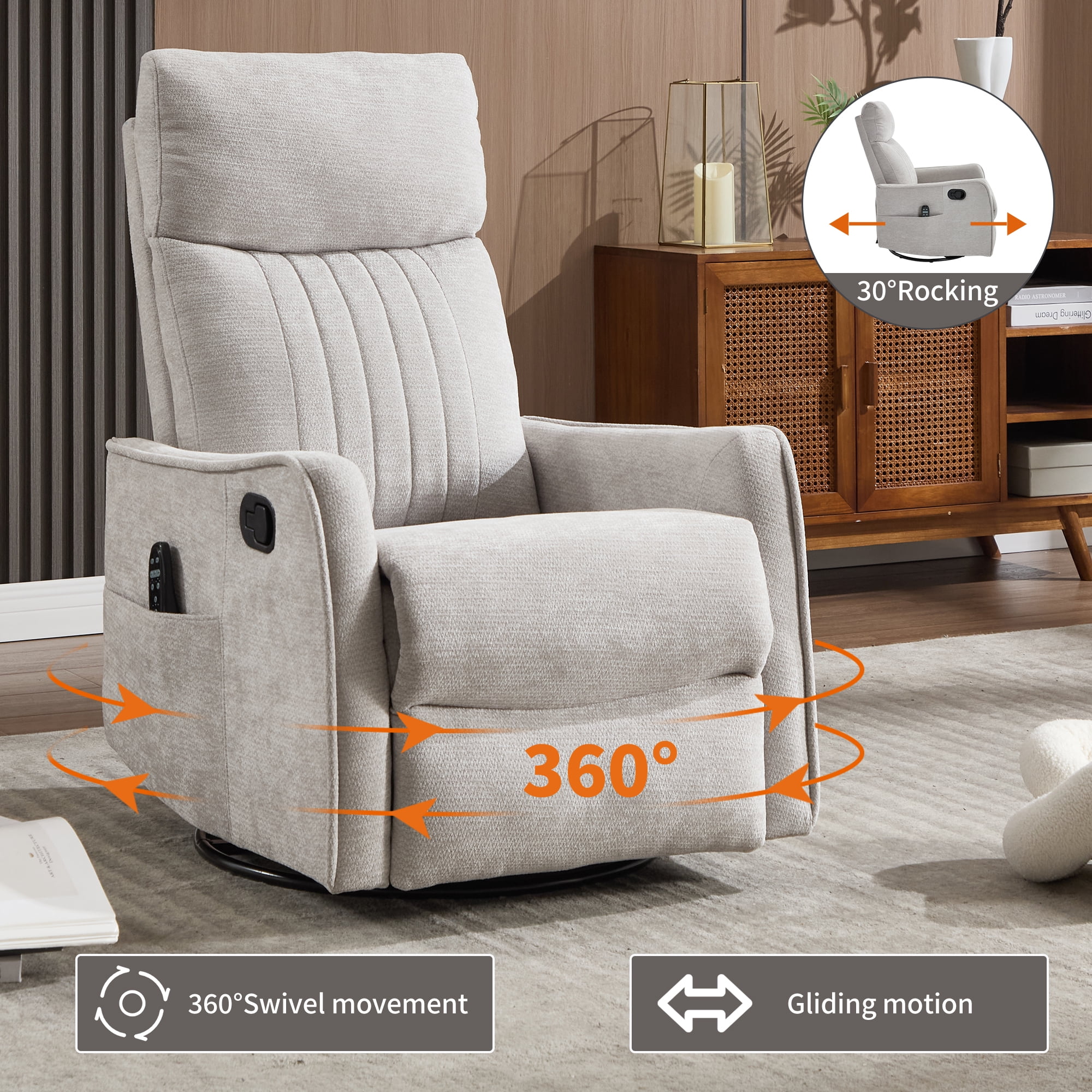 Leumius Manual Swivel Rocker Recliner Chair for Adults,Overstuffed Reclining Glider Chair with Vibration Massage & Heat,Upholstered Recliners with Side Pockets for Living Room,Light Gray Chenille