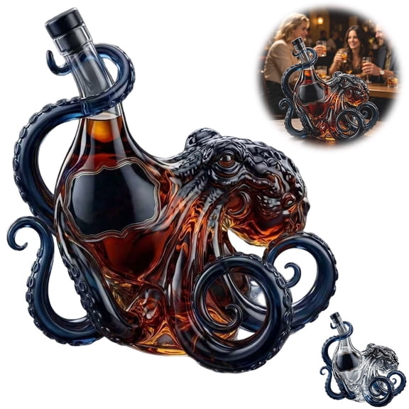 Octopus Wine Bottle, 3D Artistic Octopus Shaped Glass Decanter Nautical Decor with Dark Tentacles Design, Decorative Glass Liquor Bottle for Whiskey Wine Soda, Ocean Themed Gift for Men